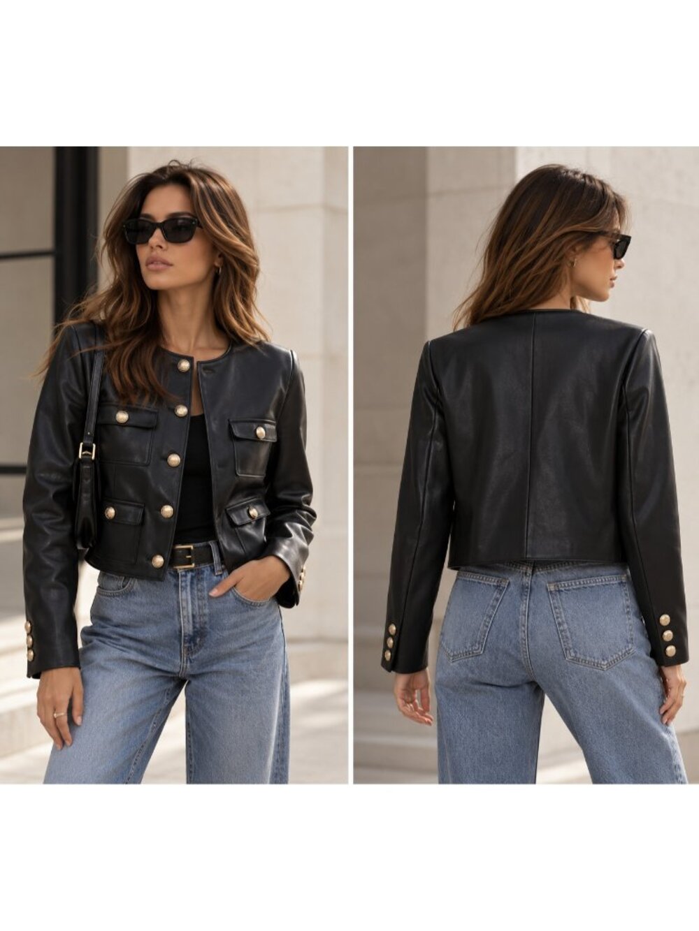 H&M Divided Black Faux Leather Gold Button 4 Pocket Jacket Size M